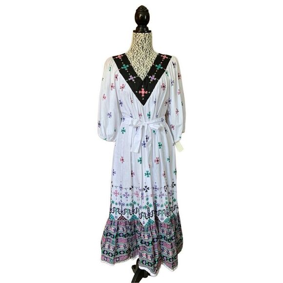 Ramona Rull Vintage Indian Print Caftan Tent Dress White Size M - Picture 3 of 12